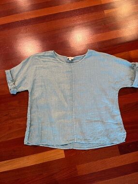J. Jill Purejill Garment Dyed Linen Boxy Short Sleeve Top Teal Color Size Small